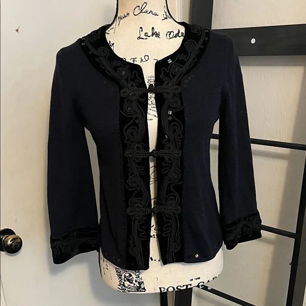 Nanette Lepore Black Blue Merino Silk Blend Embroidered Trim Cardigan Bohemian